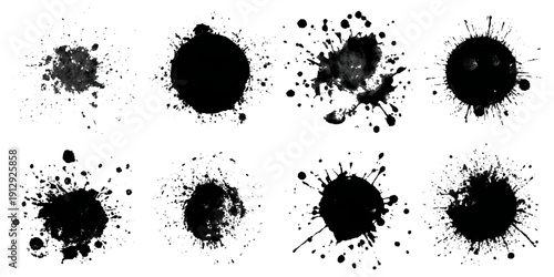 Black grungy paintbrush strokes collection with distressed splashes stains scratch. vector decorative banner template graphic background design set.