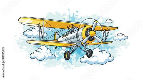 Classic yellow and silver biplane flying gracefully through white fluffy clouds against a blue sky with artistic watercolor splashes in the background.