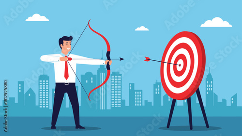 Confident businessman shooting an arrow from a bow at a bullseye target against a city skyline, representing goal setting and precise business strategy.