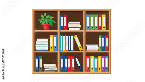 Well-organized wooden office bookshelf containing several rows of colorful document folders, some books, and a green potted plant for an efficient workspace.