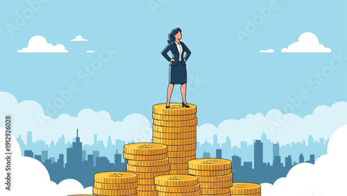 Confident businesswoman standing proudly at the top of a giant stack of gold coins against a city background, symbolizing peak financial achievement.