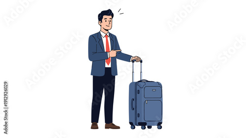 Professional businessman in a suit pointing to a large blue suitcase on wheels, representing business travel, global networking, or a new journey.