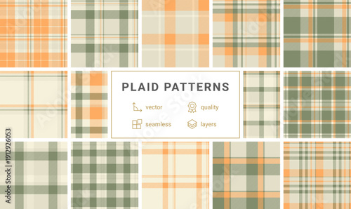 Vibrant orange and cream plaid pattern with olive green accents. This seamless tartan design offers a warm, rustic feel perfect for autumn textiles, home decor, and classic cozy backgrounds.