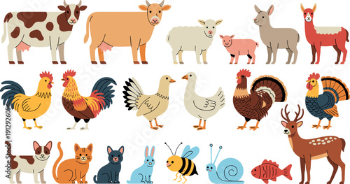 Farm and Domestic Animals Collection Cute Cartoon Livestock and Pets Flat Vector Illustration Set