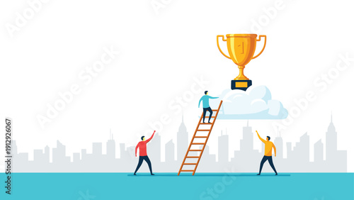 Group of people working together to help one person climb a ladder towards a giant gold trophy on a cloud above a city, representing team success.