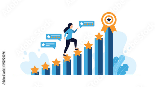 Determined woman climbing a bar chart where each step is a star, reaching towards a large gold medal at the top, representing constant career improvement.