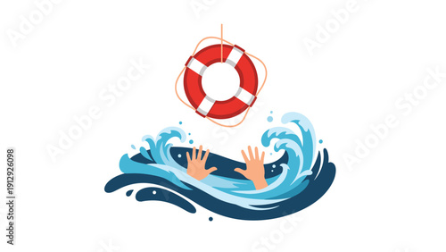 Desperate hands reaching out from stormy ocean waves towards a lifebuoy being lowered from above, symbolizing a timely rescue and support in difficulty.