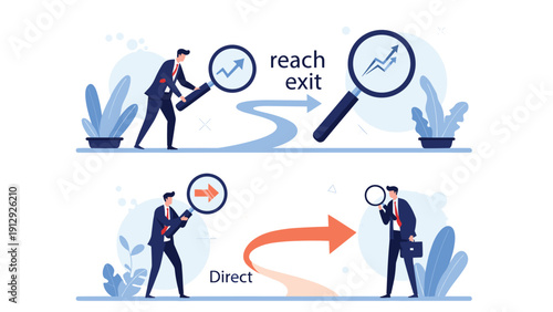 Business professionals looking through magnifying glasses to find the best direct paths to success and exit, symbolizing research and strategic planning.