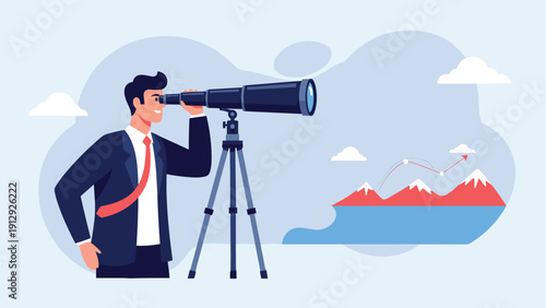Visionary businessman looking through a large telescope on a tripod towards a successful growth target in the distance, representing long-term planning.