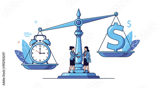 Two businesswomen shake hands in agreement while standing before a large scale balancing a clock and a golden dollar sign.