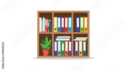 Neatly organized wooden bookshelf features various colorful file binders and a small green plant in a terracotta pot.