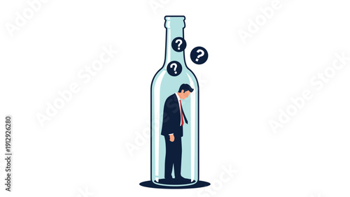 Businessman feels trapped and confused inside a large glass bottle while several floating question marks hover above.