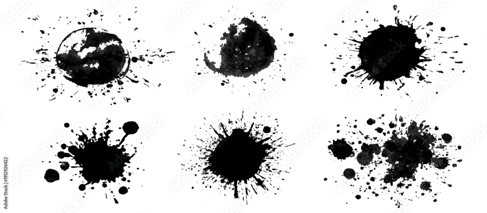 Fototapeta premium Black grungy paintbrush strokes collection with distressed splashes stains scratch. vector decorative banner template graphic background design set.