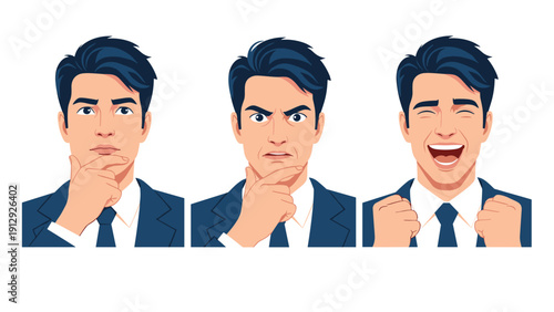 Sequence of three portraits shows the varying facial expressions of a businessman from pensive to angry to joyous.