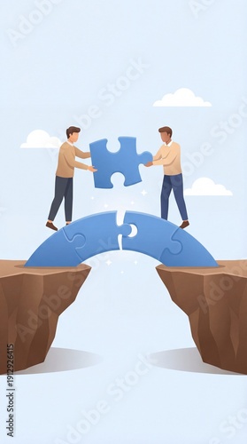 Business Professionals Connecting Puzzle Piece Across Gap Representing Partnership, Problem Solving, Strategic Collaboration in Corporate Integration Process, Teamwork Bridge Building, Business Flat