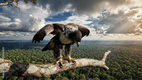 Majestic Crested Eagle Perched on a Moss Covered Branch Overlooking a Dense Lush Green Rainforest Canopy Under a Dramatic Cloudy Sky with Sunlight Rays Breaking Through