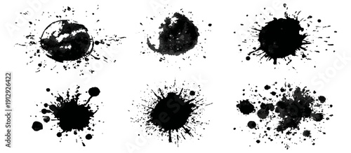 Black grungy paintbrush strokes collection with distressed splashes stains scratch. vector decorative banner template graphic background design set.