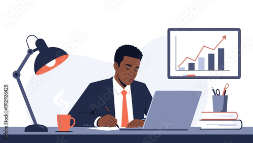 Focused businessman works at his desk with a laptop and lamp while a sales growth chart is displayed behind him.