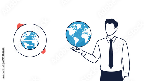 Professional man in a white shirt and tie presents a blue globe while another world icon floats to the side.