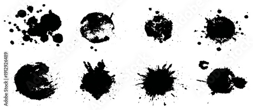 Black grungy paintbrush strokes collection with distressed splashes stains scratch. vector decorative banner template graphic background design set.