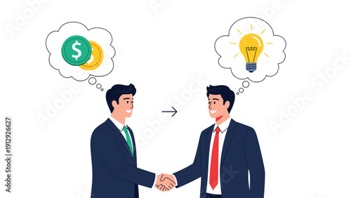 Two businessmen shake hands in agreement to exchange financial investment for a new creative business idea.