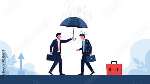 Helpful businessman holds a blue umbrella over his colleague to protect him from the rain during their walk.