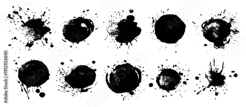 Black grungy paintbrush strokes collection with distressed splashes stains scratch. vector decorative banner template graphic background design set.