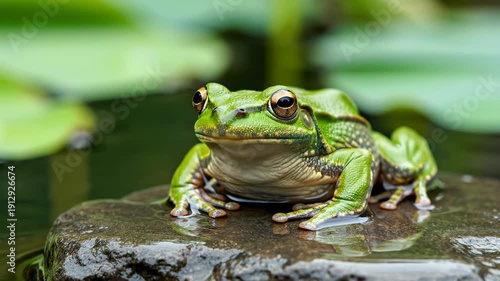 Vibrant Green Tree Frog Sits Still on Wet Dark Rock Surrounded by Lush Green Lily Pads and Calm Water in a Serene Pond Ecosystem with Soft Natural Lighting