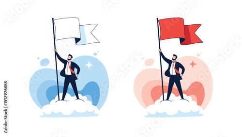 Side-by-side images show a businessman standing on a cloud holding a white flag and then a bright red flag.