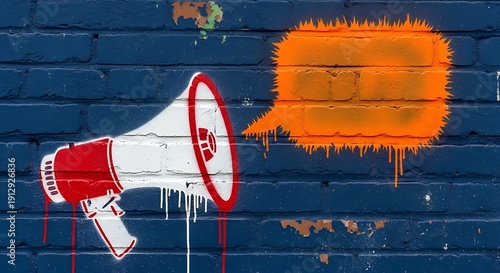 Vibrant street art features a bold megaphone and an empty orange speech bubble graffiti on a blue brick wall, symbolizing urban communication, public voice, and a space for stirring up messages