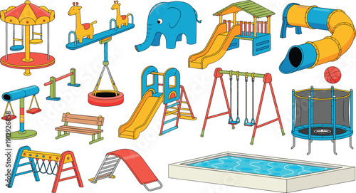 Colorful playground equipment icons, kids outdoor play set, slides swings carousel trampoline pool, amusement park elements, vector illustration, isolated, white