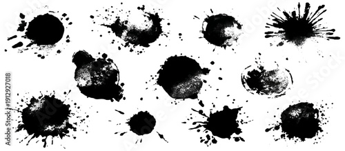 Black grungy paintbrush strokes collection with distressed splashes stains scratch. vector decorative banner template graphic background design set.