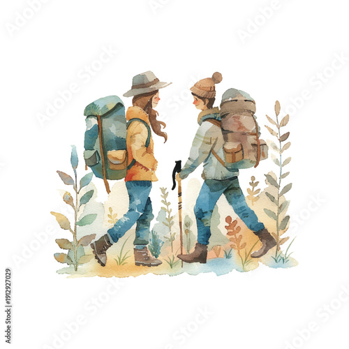 couple hiking in the forest hand drawn illustration