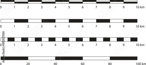Collection of varying bar map scales showing distance measurement units
