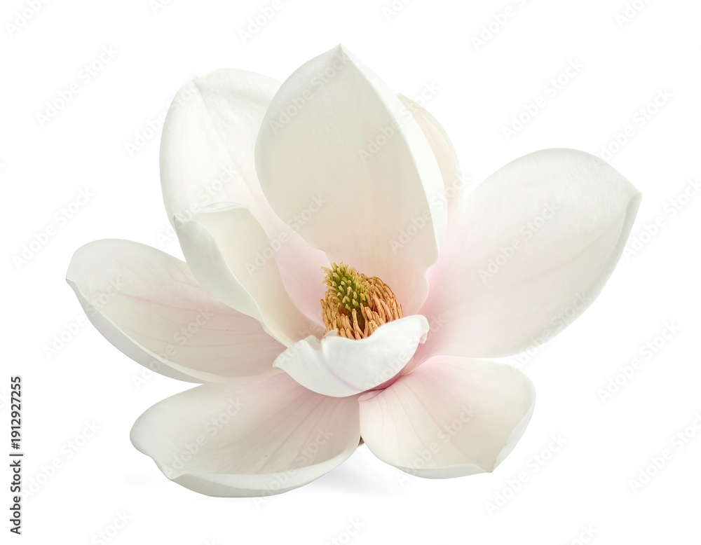 Obraz premium A single, beautiful white magnolia flower in full bloom isolated on a clean white background.