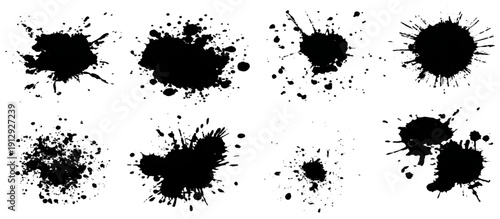 Black grungy paintbrush strokes collection with distressed splashes stains scratch. vector decorative banner template graphic background design set.