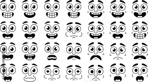 Funny cartoon emoji face expressions set, happy sad surprised angry smiling characters, black white vector illustration isolated background