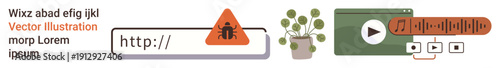 Internet security, online warnings, multimedia content, video streaming, digital tools, safe browsing. Warning icon on URL, video player plant illustration. Internet security and multimedia content