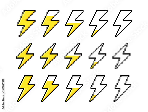 Lightning bolt, pixel game energy bar with different fill levels. 8bit zap spark with flash for strike shock or volt charge game. Surge bar and jag zigzag with sharp glow for tech clip vector set.