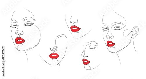 Minimalist Female Face Line Art Set with Red Lips Fashion Illustration