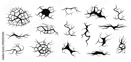 Wall crack and fracture. Split break or rupture damage for broken surface, shattered texture. Earthquake effect and distress overlay for grunge or decay, destruction. Vector isolated set