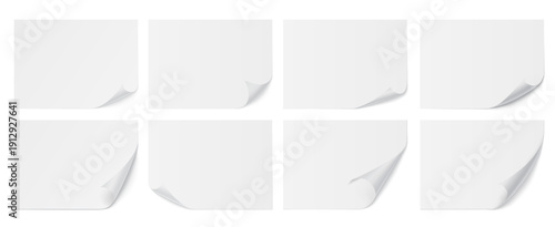 Realistic curled paper page corner. Blank note sheet, card and 3d sticker or label template. Clean edge fold effect for banner, poster and brochure. Flyer and document mockup. Vector isolated set