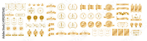 Ranking award badge. Gold winner medal prize icon with ribbon. Crown decoration rank golden banner, best champion shiny emblem. Victory vintage 1st place crest, premium sticker frame. Vector set.