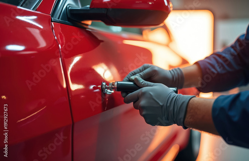 Car repair technician uses special tool to remove dent without painting on red automobile body panel. Mechanic works with precision equipment in garage for auto bodywork.