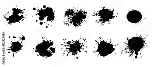 Black grungy paintbrush strokes collection with distressed splashes stains scratch. vector decorative banner template graphic background design set.
