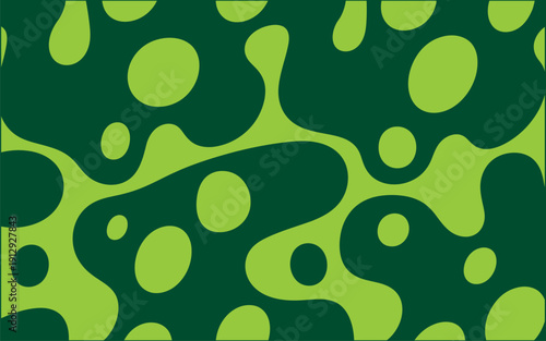 Abstract organic shapes and circles in bright and dark green on a lime green background