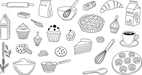 Baking and Pastry Ingredients Doodle Collection Hand Drawn Kitchen Food Vector Illustration Set