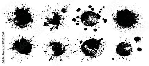 Black grungy paintbrush strokes collection with distressed splashes stains scratch. vector decorative banner template graphic background design set.