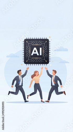 Business Team Running Toward Artificial Intelligence Microchip Symbolizing AI Adoption, Digital Transformation and Technology Driven Corporate Innovation, Business Flat Illustration, Vertical bg
