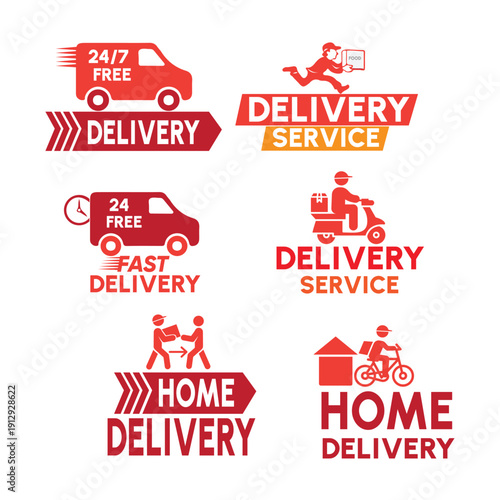 Red delivery service with van scooter and people